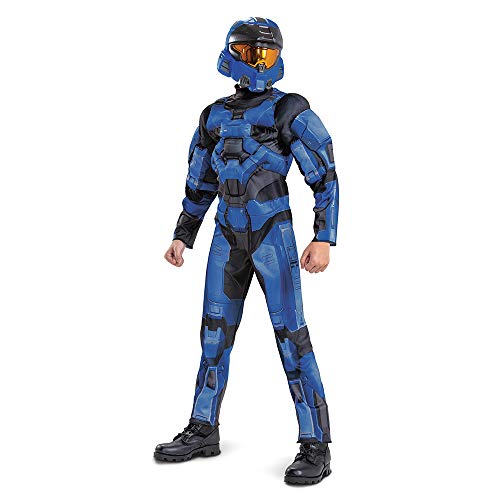 Disguise Halo Spartan Costume, Official Halo Blue Full Spartan Armor Muscle Jumpsuit and Mask, Kids Medium (7-8)