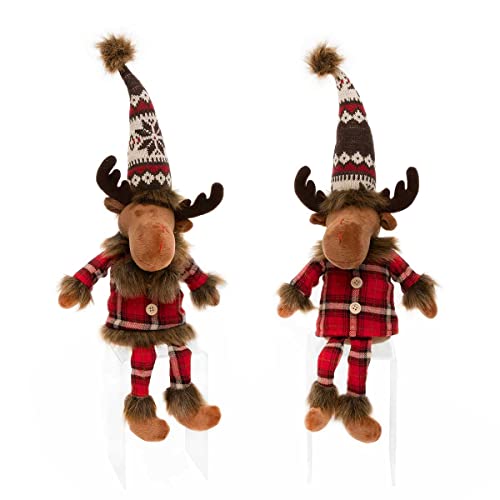 MeraVic Max and Macy Moose Gnome Couple with Wired Sweater Hat, Antlers, Red and Black Plaid Matching Pajamas, Arms and Floppy Legs Boy and Girl, 19 Inches, Set of 2 - Christmas Decoration