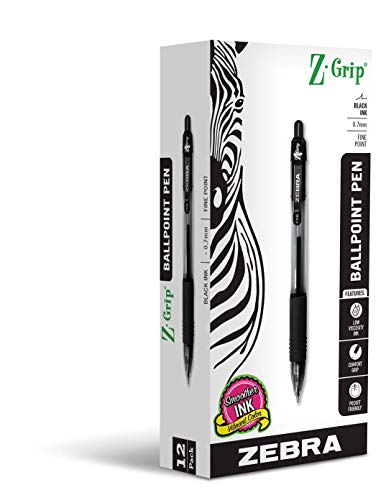 Zebra Pen Z-Grip Retractable Ballpoint Pen, Fine Point, 0.7mm, Black Ink, 12-Pack