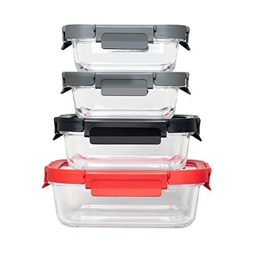GENICOOK Borosilicate Tempered Glass Food Storage Containers with Pro Grade Locking Glass Lids, Vent and Removeable Lockdown Levers, Rectangular Shape - 8 pc Set (4 Containers -4 Matching Lids)