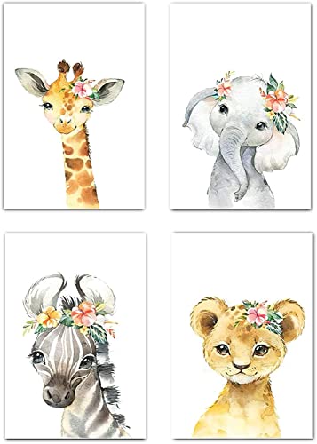 Designs By Maria Inc. Set of 4 UNFRAMED Flower Crown Watercolor Baby Animals Prints Pictures For Kids Rooms | Baby Animals Nursery Decor | Animal Posters Safari Wall Decor | Nursery Wall Art (11"x17")