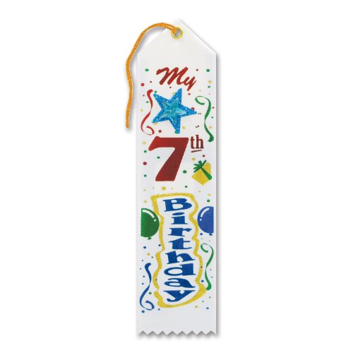 Beistle JR087 My 7th Birthday Fabric Ribbon Bookmark with Rhinestone, White, 2" x 8"