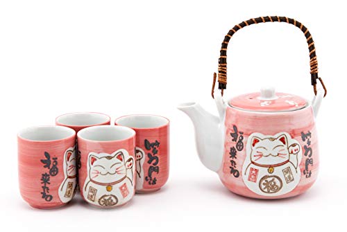 FMC Fuji Merchandise Japanese Design Maneki Neko Lucky Cat Ceramic Tea Pot and 4 Cups Tea Set Asian Home Decor