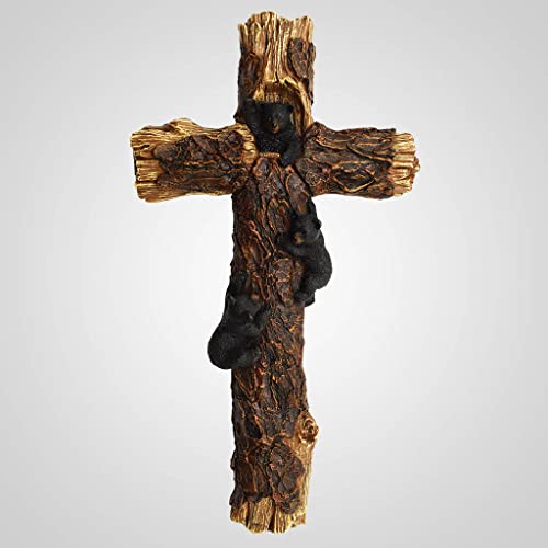 Lipco Bears on Pine Cross Wall Hanging, 13.75-inch Height, Polyresin, Brown, For Decorative Use, Home, Office, Room D√©cor