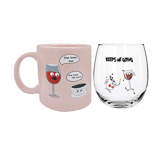 Myxx She Loves Me-She Loves Me More Coffee Mug/Keeps Me Going Stemless Wine Glass 2 pc. Gift Set