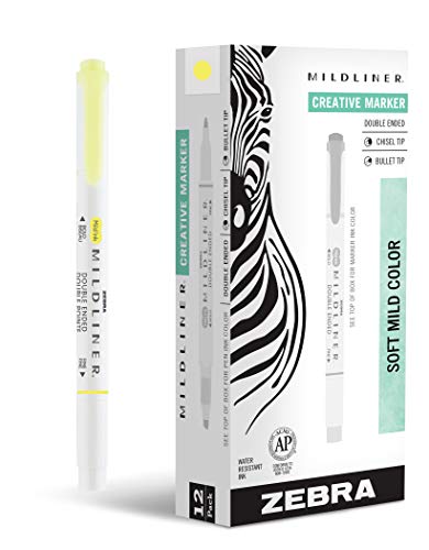Zebra Pen Mildliner Double Ended Highlighter Marker Set, Broad and Fine Point Tips, Mild Yellow Ink, 12-Pack