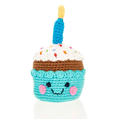 Pebble 200-014C Friendly Cupcake with Candle Rattle, 5.1-inch Length, Cotton Yarn, Blue