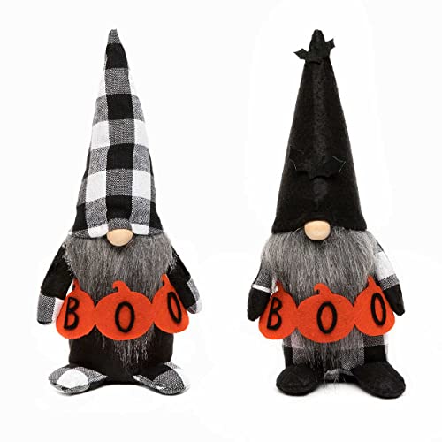 MeraVic Boo Boy Gnome Holding Orange Banner with Black and White Plaid, Bats, Wood Nose, Grey Beard, Arms and Feet, 10.25 Inches, Set of 2 - Halloween Decoration