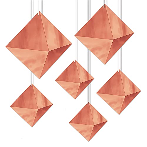 Beistle Three Dimensional Foil Cardstock Paper Diamonds Assorted Sizes 6 Piece Birthday Hanging Decorations Wedding Celebration Lanterns Bridal Shower Party Supplies, 5" - 11", Rose Gold