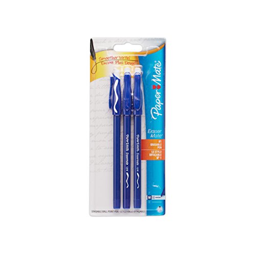 Paper Mate Erasermate Stick Medium Tip Ballpoint Pens, 3 Blue Ink Pens (3150458PP)