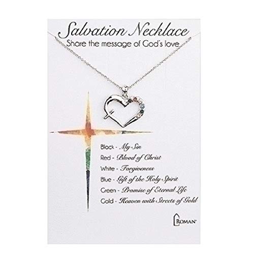 Roman 13522 Salvation Heart with Cross Necklace, Rhodium Carded with 2-inch Extender