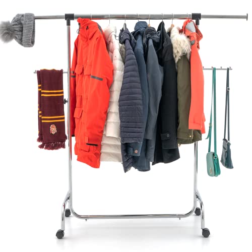 Tatkraft Falcon Garment Rack, Clothes Rack on Wheels, Adjustable Length & Height, Chromed Steel