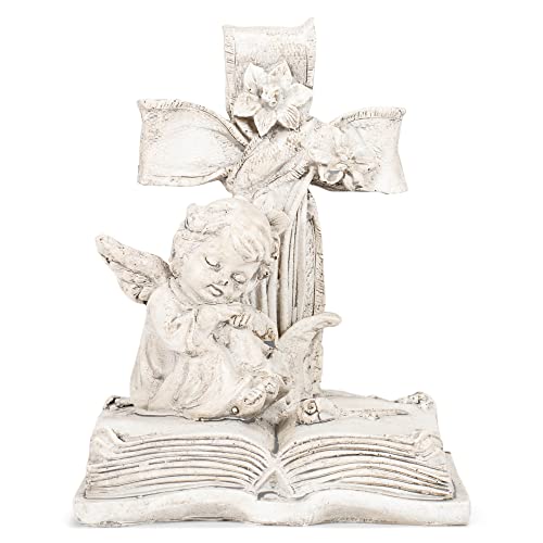 Napco Cross with Cherub on Book 5.25 Inch Tall Distressed White Resin Garden Figurine