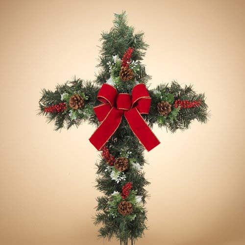 Gerson 24"H Pinecone, Holly & Berries Cross with Yard Stake