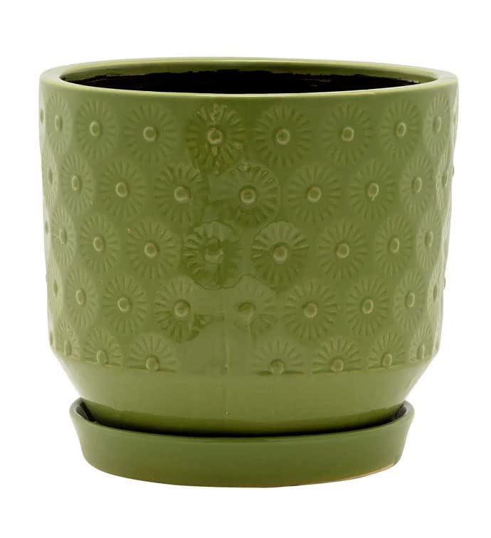 Napco Stamped Flower Design Moss Green 7 x 6.75 Ceramic Planter Pot with Saucer