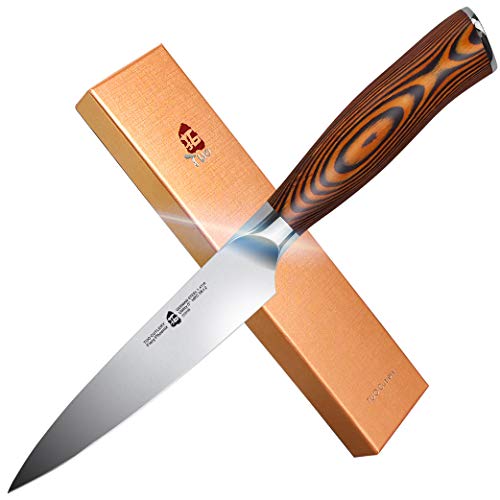 TUO Cutlery Kitchen Utility Knife- Small Kitchen Knife - High Carbon German Stainless Steel Cutlery - Ergonomic Pakkawood Handle - Luxurious Gift Box Included - 5 inch - Fiery Phoenix Series
