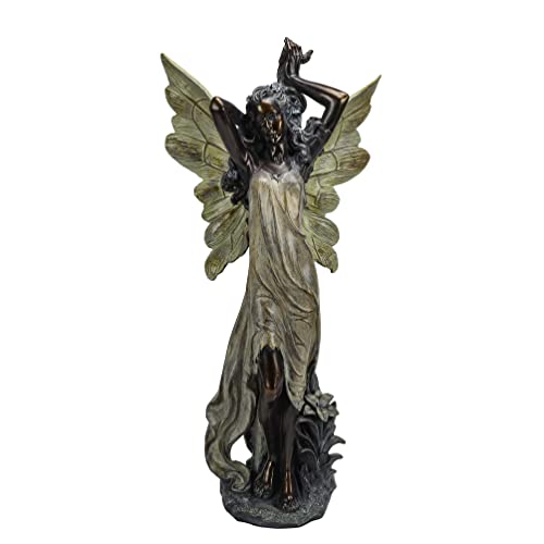 Napco Imports Bronze Standing Fairy Holding Her Hair Statue with Lily 14304