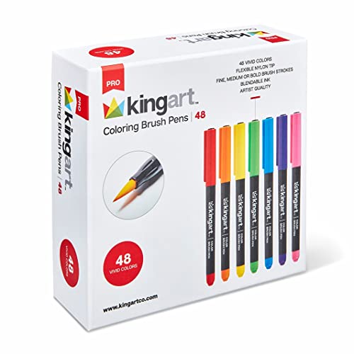 KINGART PRO Coloring Brush Pen Watercolor Markers, in 48 Vivid Colors with Blendable Ink for Fine, Medium, or Bold Brush Strokes