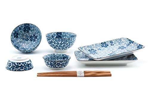 FMC Fuji Merchandise Nippon Blue Sakura Cherry Blossoms Sushi Dinnerware 6pc Set for Two Including Plate Sauce Bowls and Rice Bowl with Chopsticks Made in Japan