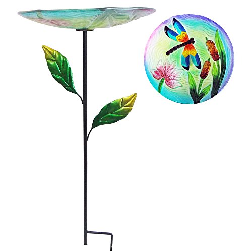 Comfy Hour Travel on Wings Collection 24" Dragonfly Reed Bulrush Flower Glass Birdbath Birdfeeder Metal Art Garden Stake with Leaves
