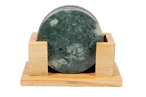 Tuzech premium Quality Marble Stone Coasters Perfect Housewarming Gift, or for Your Kitchen, Living Room, Coffee Table Decor Set Of 6 With Wood Stand (Elegant Round, Green)