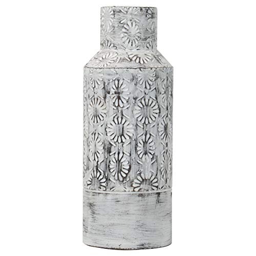 Foreside Home and Garden Antique White Embossed Floral Pattern Large Metal Decorative Vase