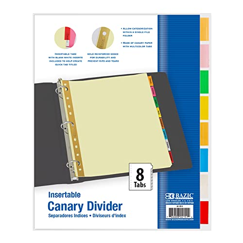 BAZIC Binder Dividers Canary Paper w/ 8 Insertable Color Tabs, 11 Hole Punch Index Divider for Ring Binders (8/Pack), 1-Pack