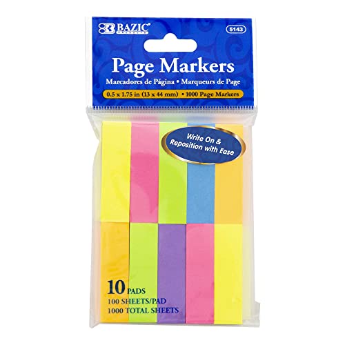 BAZIC 100 Sheets/Pad 0.5" X 1.75" Neon Color Page Markers Sticky Notes Memo Index Tabs Flags Self Adhesive, 480 Pieces (10 Pad/Pack), 1-Pack