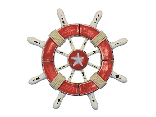 Handcrafted Nautical Decor Rustic Red and White Decorative Ship Wheel with Starfish 6" - Ships Steering Wh