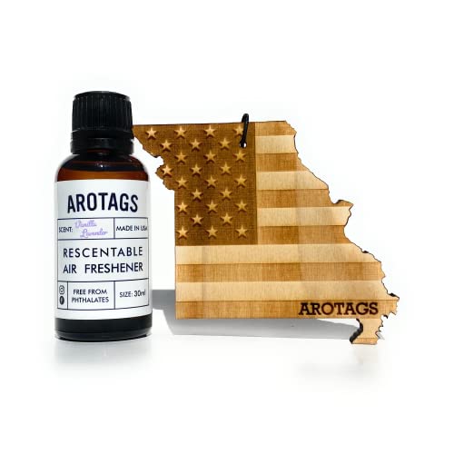 Arotags Missouri Patriot Wooden Car Air Freshener - Long Lasting Vanilla Lavender Scent Diffuses for 365+ Days - Includes Hanging Mirror Diffuser and Fragrance Oil - 100% American Made