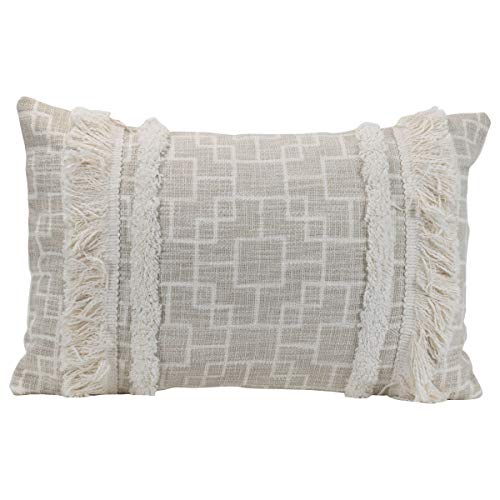Foreside Home & Garden Gray Trellis Pattern Handwoven 14x22 Decorative Cotton Throw Pillow with Hand Tied Fringe
