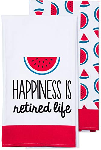 Pavilion Gift Company Pink Watermelon Patterned Tea Towel Set of 2 Happiness is Retire Life, 19.75 x 27.5 inch
