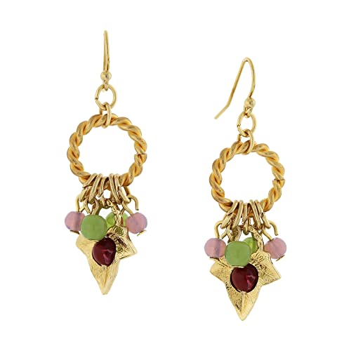 1928 Jewelry Rope Hoop & Grape Leaf Multi-Color Beads Dangling Earrings