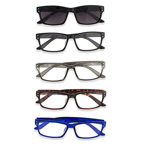 DII Design Inner Vision 5-Pack Reading Glasses Set for Men & Women - (4.0 x Magnification) - Includes: 1 Outdoor Reading Sunglasses + 4 Clear Readers