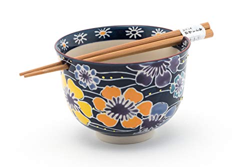 FMC Fuji Merchandise Spring Floral Mix Design Quality Ceramic Ramen Udon Noodle Bowl with Chopsticks Gift Set 5 Inch Diameter
