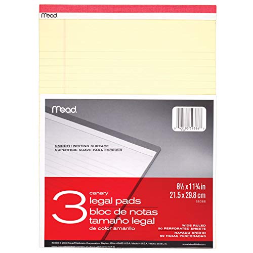 ACCO (School) Mead Legal Pad Writing Pads, Wide Ruled, Great for Use as Home Office Supplies, Memo Pads, Note Pads, or Steno Pads, 8-1/2" x 11-3/4", 50 Sheets, Letter Writing Canary Paper, 3 Pack (59386),canary yellow