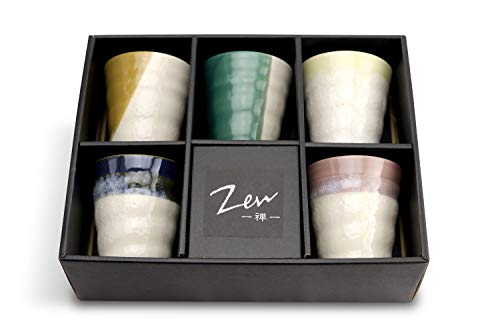 FMC Fuji Merchandise Hinomaru Collection Authentic Japanese Minoyaki Porcelain Tea Cups Set of 5 Traditional Earthenware Glazed Decorative Sushi Teacups Made in Japan