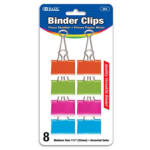 BAZIC Medium 1 1/4" (32mm) Assorted Color Binder Clip (8/Pack)