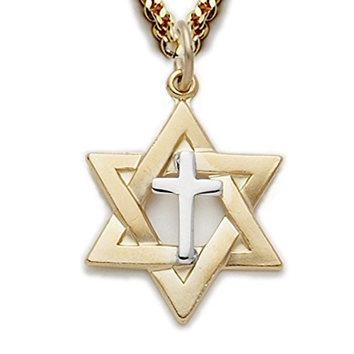 True Faith Jewelry 18KT Gold Plated Sterling Silver Star of David Cross Pendant Necklace Two-Tone Religious Jewelry, 24-Inch Chain, 7/8 Inch