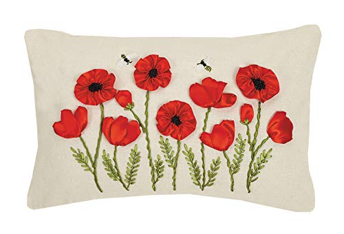 Peking Handicraft 24JES850C20OB Embroidered Poppy and Bee Ribbon Pillow, 20-inch Long, Poly and Linen