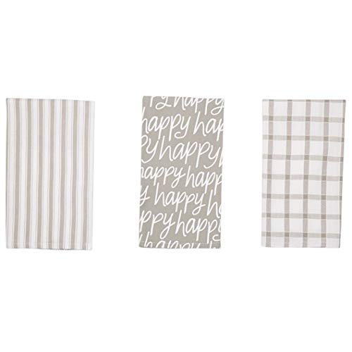 Mud Pie Happy Dish Towel Set of 3,26" x 16 1/2",Gray