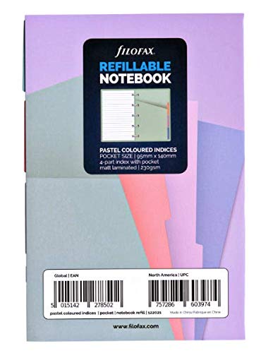 Rediform Filofax B122021, 4-Tab Index Notebook refill, Pocket Size, Pastel colors, Blank