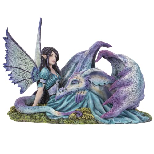Pacific Trading Giftware Cold Cast Resin Fairy and Lying Sleeping Dragon Figurine, Indoor and Outdoor Unique Decor for Living Room, Porch, & More, 8.7 Inches