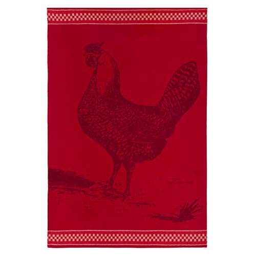 Coucke French Cotton Jacquard Towel, Poule (Hen) Rousse Rouge, 20-Inches by 30-Inches, Red