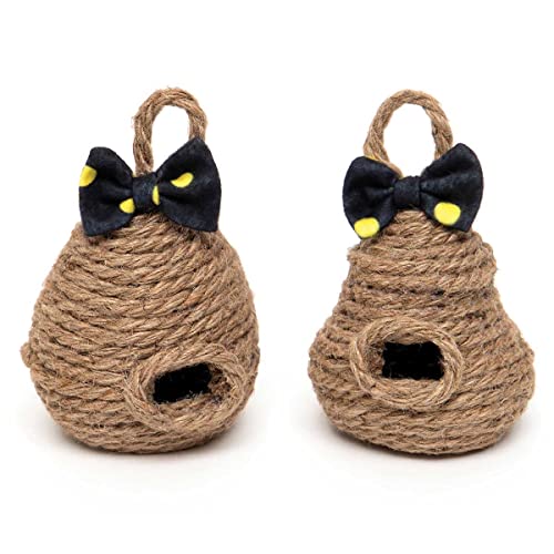 Meravic Jute Decorative Beehive Honey Bee Skep with Black Bow, Set of 2, 5.75-inch Height, Tabletop Decoration