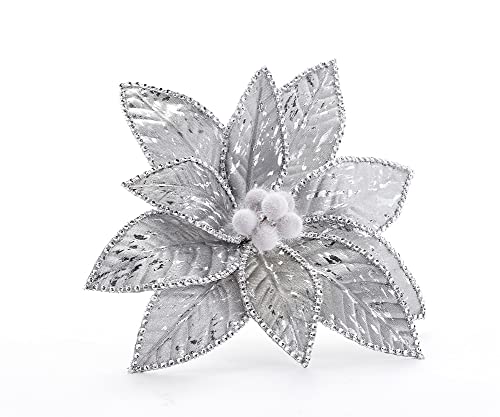 Giftcraft 681355 Poinsettia Beaded Ornament with Clip, 10.6 inch, Velvet and Iron Wire, Silver