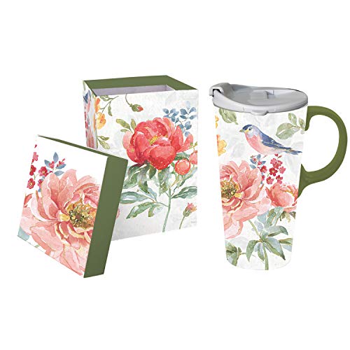 Evergreen Cypress Home Beautiful Garden Party Ceramic Travel Cup - 5 x 7 x 4 Inches Homegoods and Accessories for Every Space