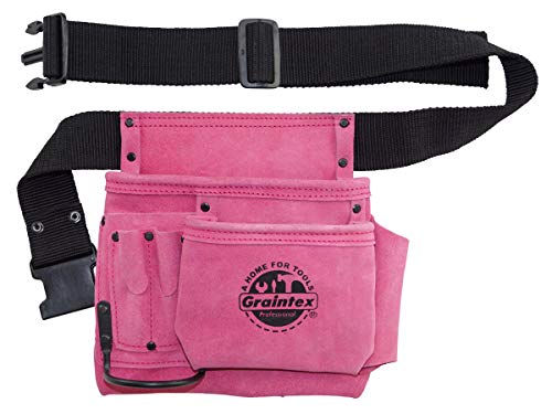 GRAINTEX SS2081 5 Pocket Nail & Tool Pouch Pink Color Suede Leather with 2‚Äù Webbing Belt for Constructors, Electricians, Plumbers, Handymen