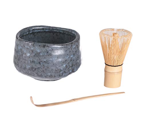 FMC Fuji Merchandise Japanese Chasen Green Tea Bamboo Matcha Chasen Whisk Scoop and 21 fl oz Reactive Glaze Porcelain Matcha Bowl 3 Piece Gift Set