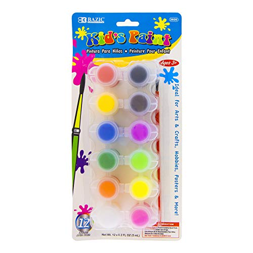 BAZIC Kid's Paint w/Brush 60 ml, 12 Colors Non-Toxic Paint Set, for Hobby Fun Vibrant Color Painting Art Supplies, Gift for Kids Artists, 1-Pack